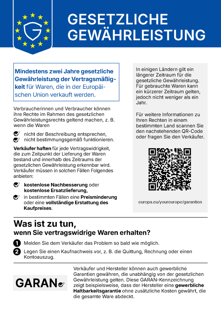 EU-Gewährleistungslabel / Harmonisierte Mitteilung Hinweis auf die gesetzliche zweijährige Sachmängelhaftung/Gewährleistung für alle Angebote.